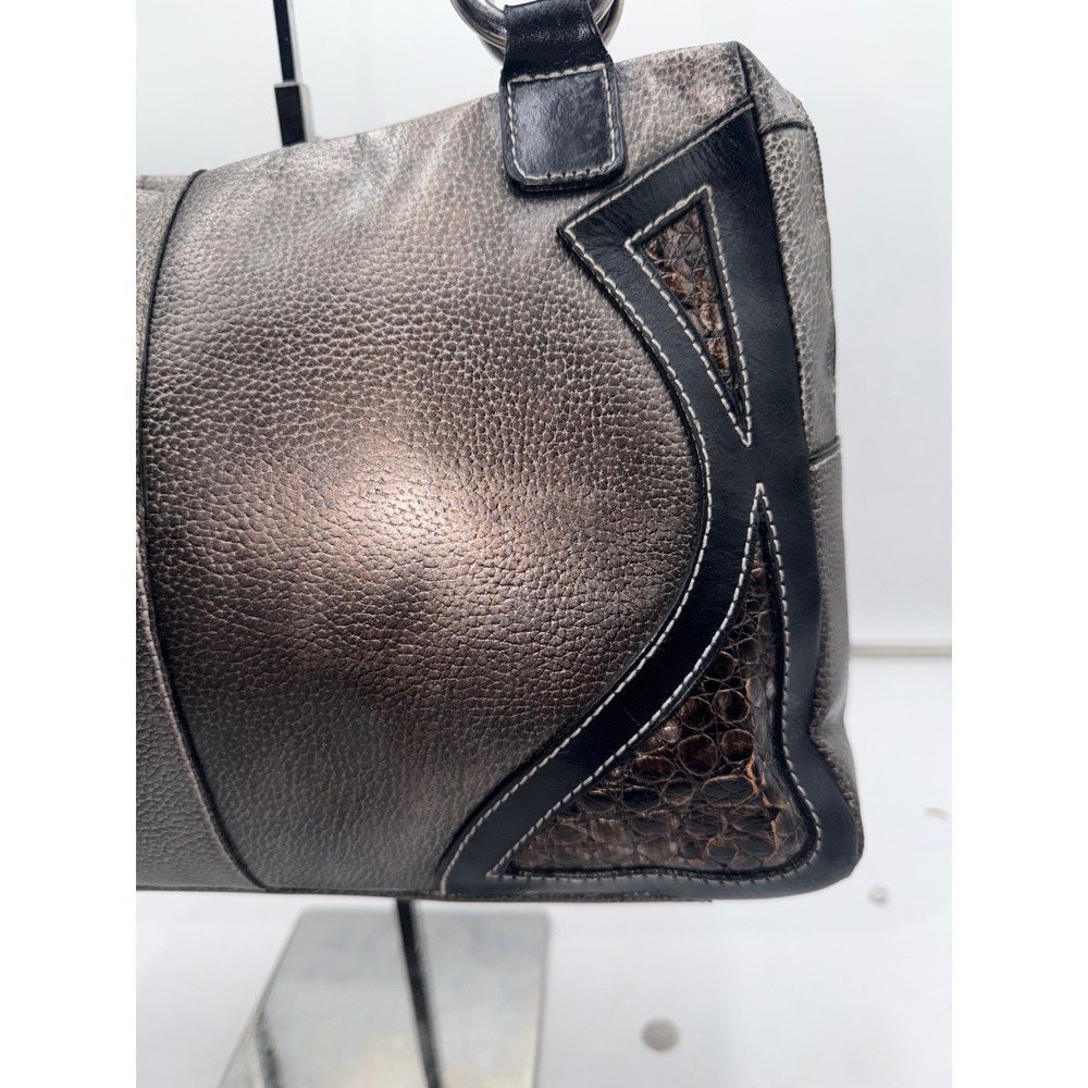 Sharif Studio Metallic Pewter Leather Shoulder Bag Black Trim Lime Green Lining - Picture 3 of 10